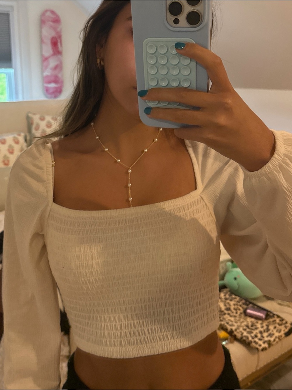 H&M Cream Smocked Square-Neck Crop Top